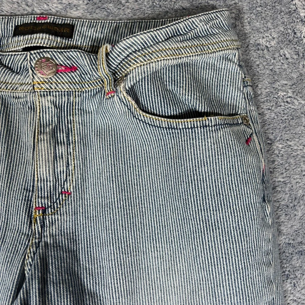 Vintage Rocawear‎ Pinstripe Paint Splatter Flare Jeans Blue White Juniors Size 9